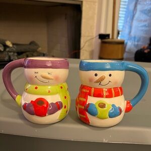 Set of 2 Snowman Mugs with Colorful Scarves. Ceramic